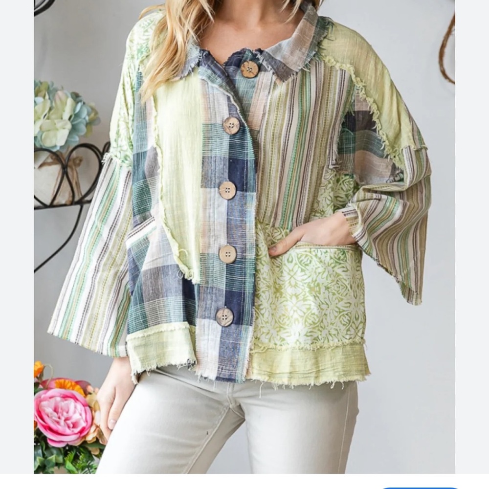 Oli & Hali Patchwork Button-Up Women’s Top - Green Multicolor